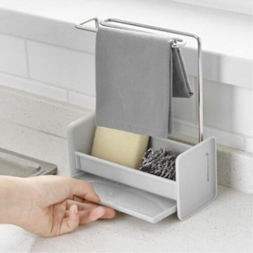 Kitchen Sponge Holder Sink Cleaning Brush Soap Organizer Rack with Drain Tray Rag Dishcloth Towel Hanging Shelf Removable