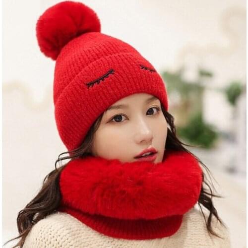 JIUCE028 Winter Womens Cut two pieces set Thick Pompom Knit Beanies and Neck Warmer Knitted Skullies Cap Hat For Cycling