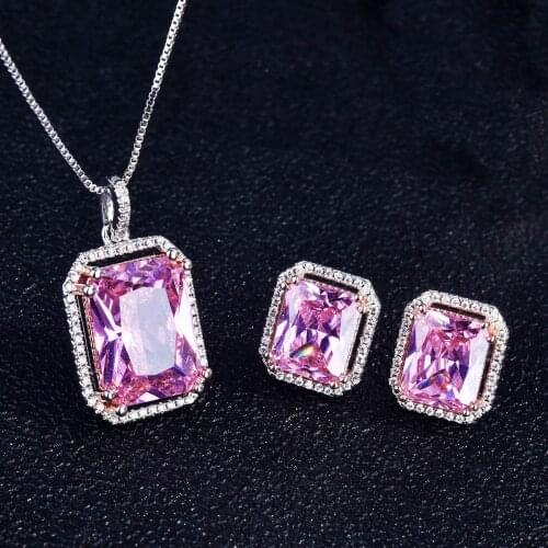 QTT Womens Genuine 925 Sterling Silver Jewelry Set Pink CZ Crystal Ring Necklace Earrings Sets Fine Jewelry for Female