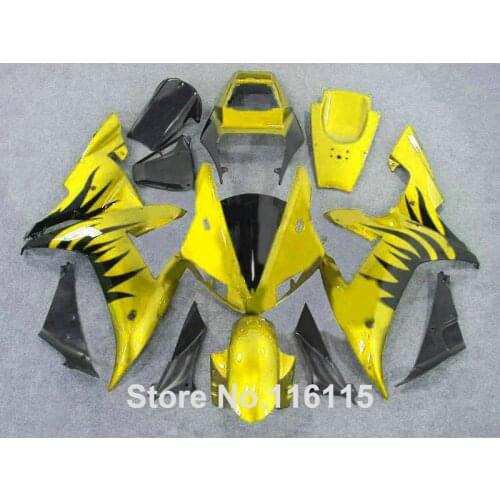 7 gifys fairing kit for YAMAHA 2002 2003 black flames golden bodywork fairings Full injection molding YZF R1 02 03 QH47