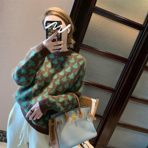 Korobov Korean Chic Women Sweaters Vintage O Neck Long Sleeve Sueter Mujer Autumn Winter New Leaves Print Sweater Pullovers