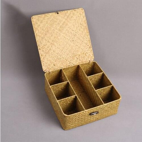 Handmade Natural Seaweed Divided Storage Box With Cover Classified Storage Container For House Kitchen Hotel Teahouse Office
