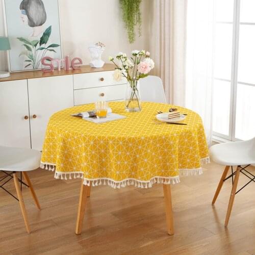 Japan Style Polyester Cotton Round Tablecloth Plaid Geometry Tassel Coffee Tea Dining Table Decor Table Cover Home Decorations