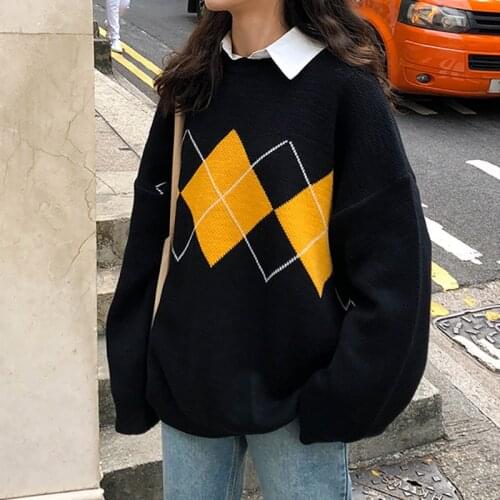 Harajuku Kawaii Korean Fashion Casual Sweater Vintage Loose Color Contrast Knitted Pullover Aesthetic Clothes Woman Sweater