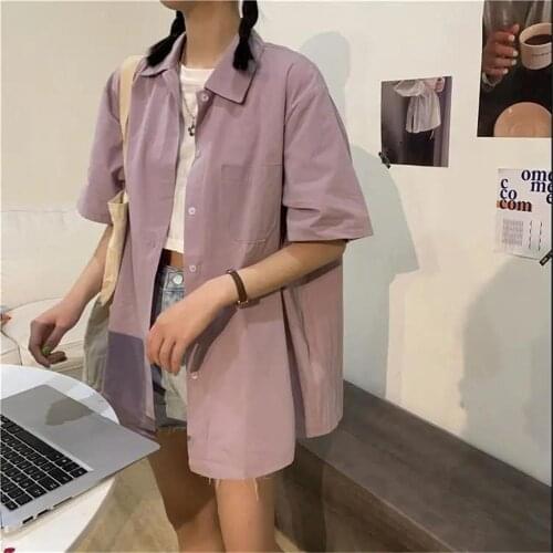 Fashion Purple Blouse Shirt Girls Funny Summer Oversize Shirt Women Harajuku Solid Student Tops Tee Hip Hop Korean Clothes Shirt