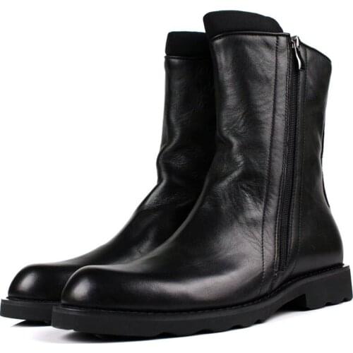 Fashion Men High top Martin Boots Genuine Soft leather Mid Calf Flat Zipper Man Motorcycle Boots