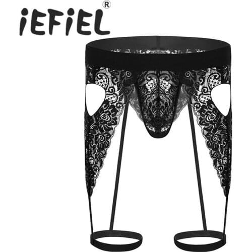 Male Mens Lingerie See Through Floral Lace Open Butt Bulge Pouch Bikini G-string Thong Underwear Jockstrap with Leg Garters Band