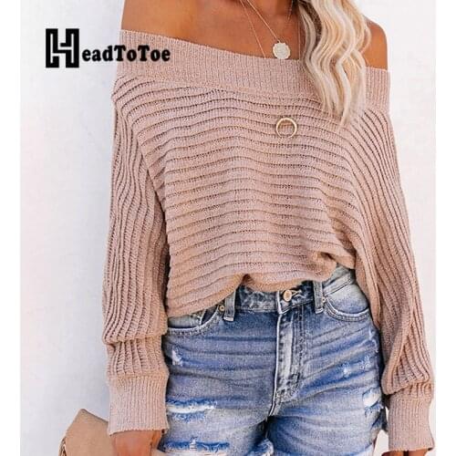 Solid Sexy Off Shoulder Sweaters Women Full Sleeve Slash Neck Pullover Tops