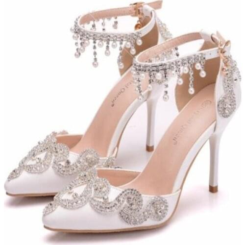 PCUAN sandals for women bride wedding shoes high heels for ladies party pointed rhinestone crystal shoes high heels