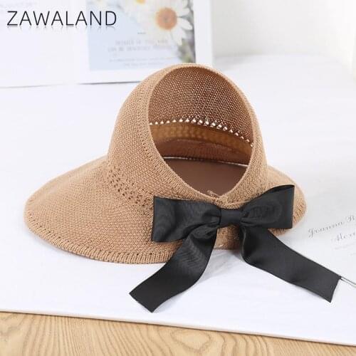Zawaland Women Sun Hat Foldable Vacation Beach Cap Empty Top Bow Caps Big Brim Straw Hats Female Sun Protection Accessories