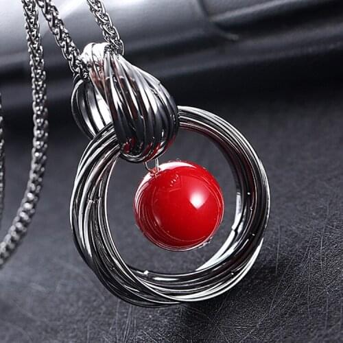 Vintage Retro Circle Red Beaded Pendant Necklace For Woman Girl Sweater Chain Necklaces Fashion Charm Jewelry Gift