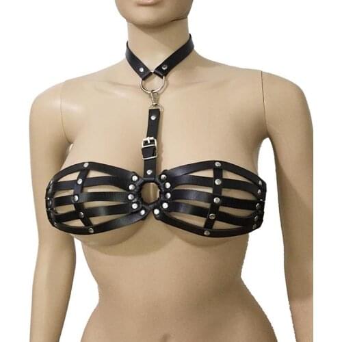 Women Faux Leather Cage Bra Crop Top Breast Harness Belt Body Bondage Top with Collar Fetish Costume