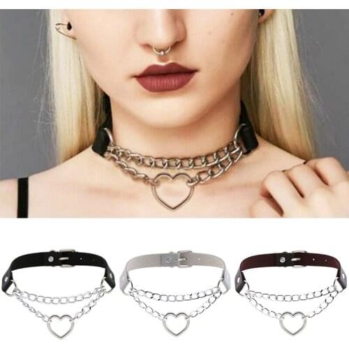 Dark Gothic Heart Chain Choker Collar Harajuku Punk Choker Women Girls Black Leather Chocker Emo Kawaii Witch Jewelry