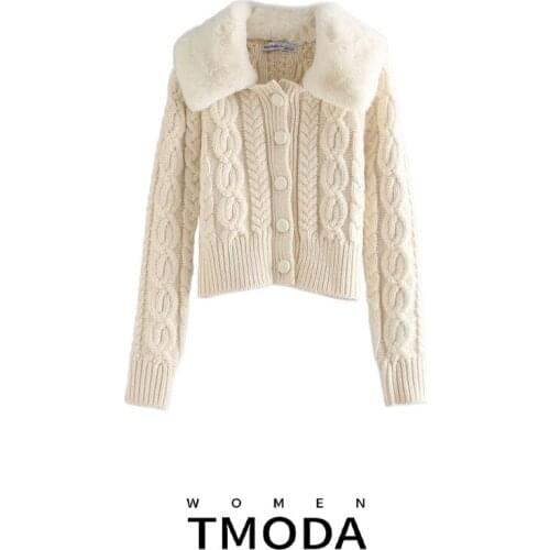 TMODA839 Za Women 2021 Fashion Faux Fur Cropped Knitted Cardigan Sweater Vintage Long Sleeve Buttons Female Outerwear Chic Top
