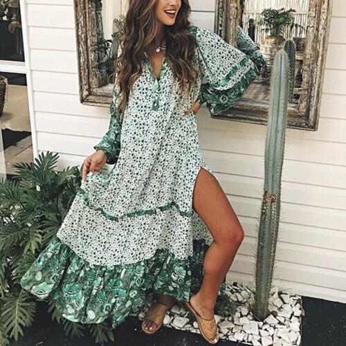 Boho chic slit button ruffle print dress Women sexy v neck lantern sleeve maxi dress kaftan beach trip 2019 frill tropical dress