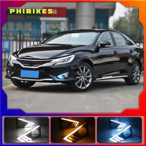 1Pair Car DRL Daytime Running Light For Toyota MARK X REIZ 2013 - 2018 LED Fog Lamp with dynamic Yellow Turn Signal