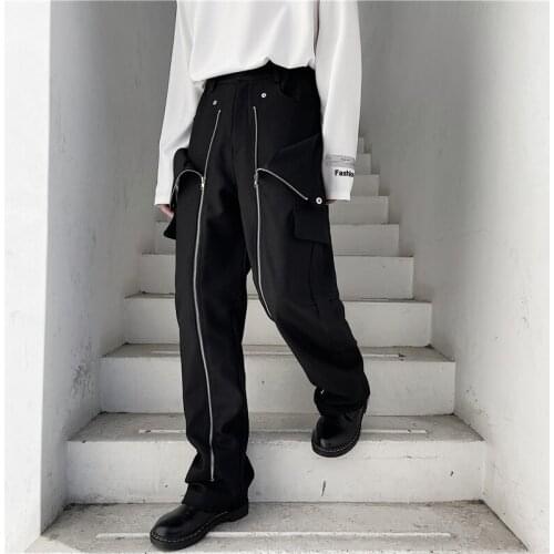 Designer Style Dark Black Japanese Harajuku Style Zipper Decoration Casual Pants Mens Large Pocket Overalls Detachable Trousers