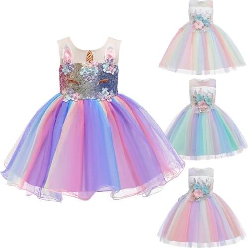 Flower Girls Rainbow Tulle Party Dress For Wedding Birthday party Frocks Girl Festival Ball Gown role dance Performance Frocks