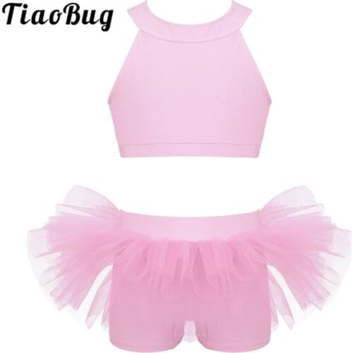 TiaoBug Kids Girls Dancewear Sleeveless Crop Tops with Gymnastics Shorts Set Tutu Ballet Dress Stage Performance Dance Costume