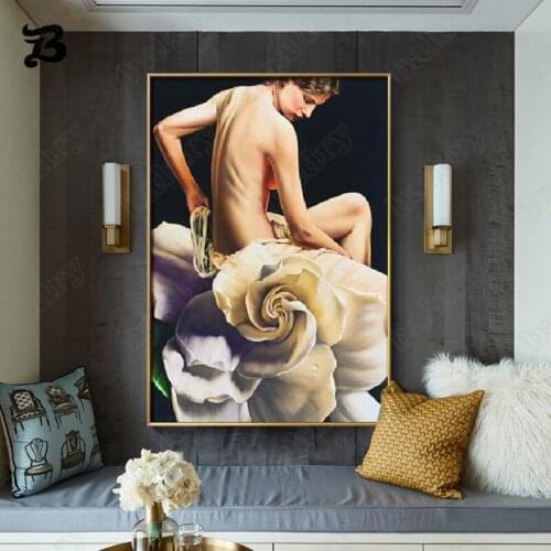 Canvas Painting Sexy Woman Wall Art Canvas Posters and Prints Nude Woman Sitting On The Flower for Living Room Home Decoration