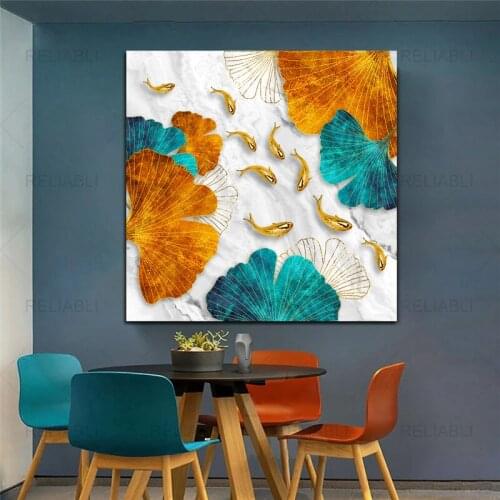 Colorful Ginkgo Biloba Golden Fishes Leave Prints Nordic Canvas Painting Landscape Poster Art Wall Picture for Home Decoration