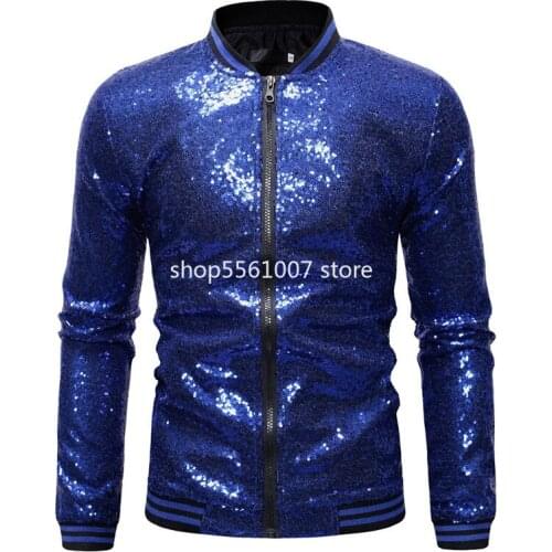 Royal Blue Sequin Nightclub Jacket Men 2019 Autumn New Streetwear Mens Sequins Jackets and Coats Baseball Bomber Jacket Male