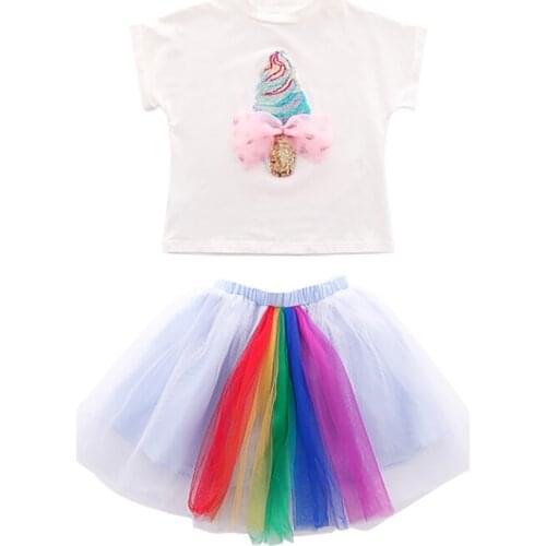 Summer Child Girl Clothing Suit Fashion Sequin Ice Cream Butterfly Pattern T-Shirt and Rainbow Dress 2pcs Set Baby Outfits