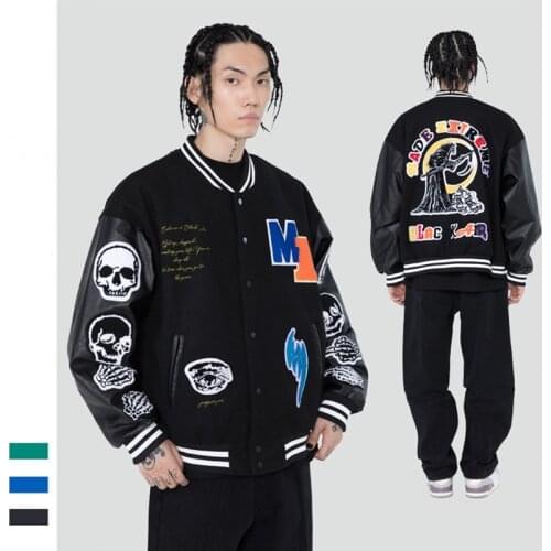 Personality Armband Skull Flocking Color Block Varsity Jacket Street Retro Mens Baseball Uniform Autumn and Winter Couple Coats