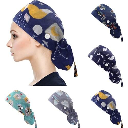 Unisex Frosted Cap Adjustable Laboratory Work Hat Cotton Cartoon Cute Baotou Scrubs Cap Pet Printing Work Cap Dust Cap #W3