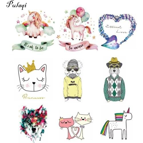 Pulaqi Cartoon Unicorn Kitten Patches Heat Transfer Stickers For T-shirt Dresses A-level Washable DIY Clothing Decoration D