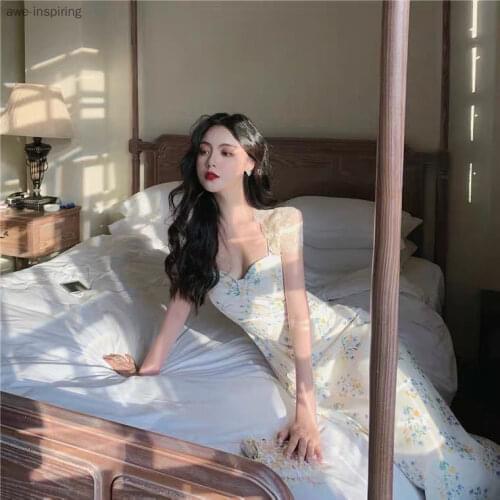 2021 Summer New Dress Foreign Style Bellflower Bowknot High Waist Floral Mid-length Skirt Sling First Love A-line Skirt Fairy