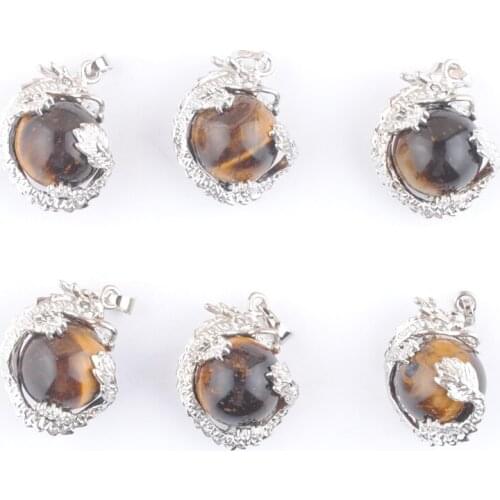 Wholesale 6Pcs Stone Pendants Dragon Wrap Reiki Chakra Healing Natural Tigers Eye Round Ball 16mm Bead Amulet Jewellery QN3137