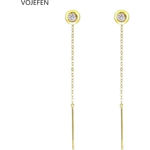 VOJEFEN 18k Pure Gold Round Ball Bead Minimalist Dangle Drop Long Chain Threader Earrings With Zircon Tassel Earings