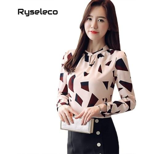 Ryseleco Fashion Geometric Patterns Print Women Chiffon Slim Shirts Brief Casual Long Sleeve Tops Ladies Basic Work Wear Blouses