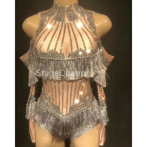 Sexy Nightclub Stage Luxury Sparkly Crystals Tassel Bodysuit Costume Celebrate Rhinestones Birthday Silver Diamonds Leotard