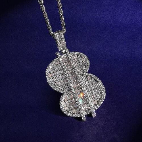 Iced Out Dollar Sign Pendant Necklace For Men Women Bling Baguette Cubic Zirconia Hip Hop Jewelry