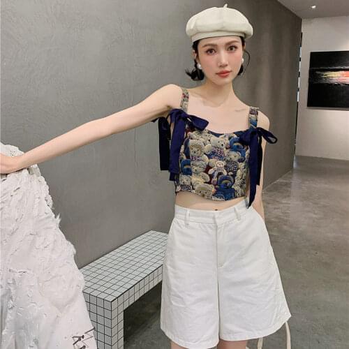 Women Cute Fitness Bear Printed Camisole Fashion Sweet Bow All-match Vest Corset Female Vintage Y2k Crop Tops