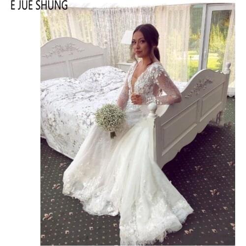 E JUE SHUNG New Sexy Boho Wedding Dresses 2020 Deep V Neck Open Back Sheer Appliques Bridal Gowns Bride Dresses robe de mariee