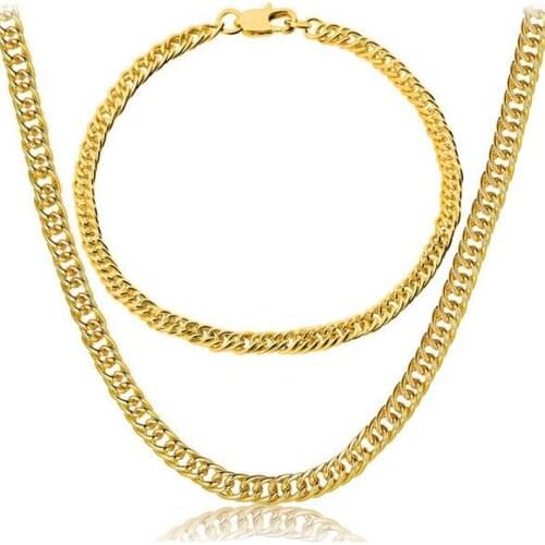 Gold 18 K chain bracelet 4MM, necklace 3.5MM two pieces of jewelry package ladies water chain design exquisite simple gift