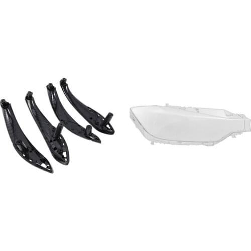 1Pcs Car Glass head light lamp Lens Shell Cover Left & 4Pcs Interior Door Carbon Fiber Color Pull Handle Inside Trim