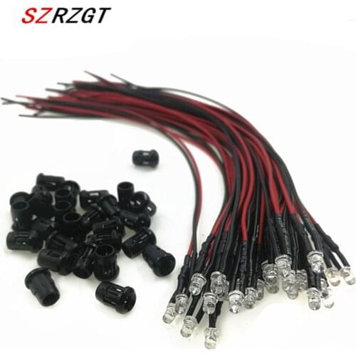 10-100pcs 3mm/5mm Red/Green/Blue/RGB 12V DC Round Pre-Wired Water Clear LED With Plastic Holder