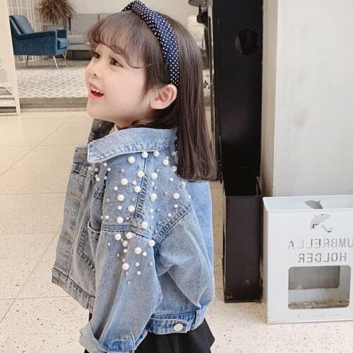 2021 Fashion Toddler Kids Girl Spring Autumn Denim Jacket Long Sleeve Pearl Decorate Loose Outwear Children Coat For 2-7Y Girls