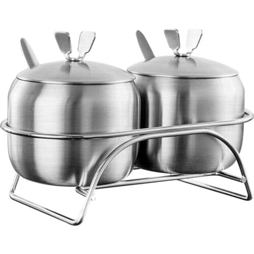 2x Seasoning Jars With Spoons &Base Stainless Steel Spice Jars Condiment Pot