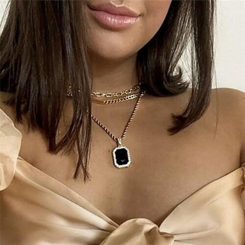 3Pcs/Lot Vintage Black Crystal Square Pendant Necklace Multilayer Sequin Gold Thick Choker Necklace Party Wedding Jewelry Gift