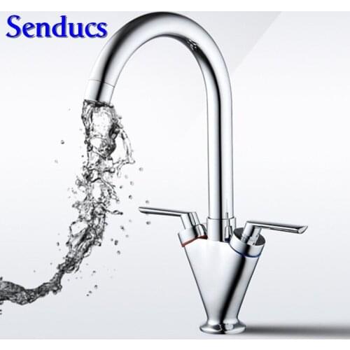 Free shipping luxury dual handle kitchen faucet with deck mounted brass kitchen sink faucet from senducs sanitary ware