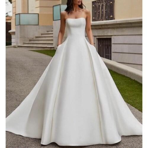 Long Strapless SatinWedding Dresses with Pockets Elegant A-Line Corset Back Vestidos de Novia Abendkleid Bridal Gown for Women