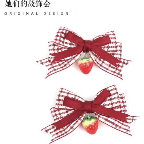 Red Plaid Strawberry Headpiece Lolita Girl Kawaii Hair Clip Bowknot Side Clip Handwork Edge Clamp Headwear Badge Soft Sister