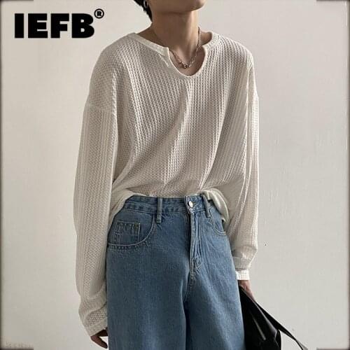IEFB 2021 Summer New Thin Concave Convex Collar Pullover Loose Long Sleeve Black Gray White T-shirt Unisex Sun Protection 9D0273