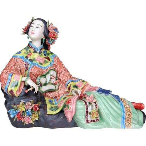 Classical Ladies Spring Craft Painted Art Figure Statue Ceramic Antique Chinese Porcelain Figurine Home Decorations