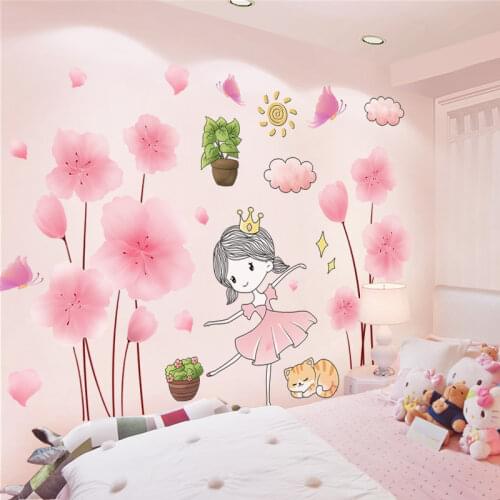 [shijuekongjian] Cartoon Girl Wall Stickers DIY Flower Plants Wall Decals for Kids Rooms Baby Bedroom Nursery House Decoration
